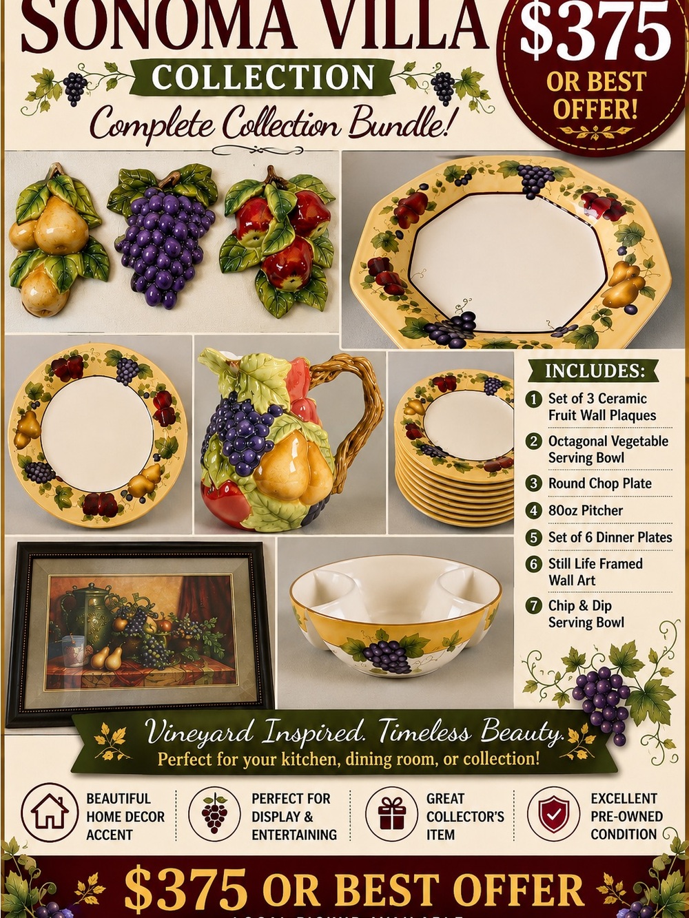 Home Interiors Ceramic Dinnerware Set in Yellow with Purple and Green Accents